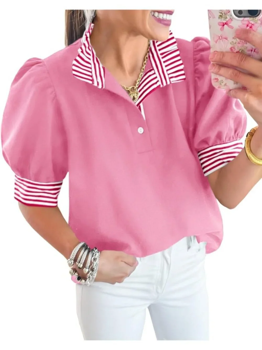 Women's Summer Puff Sleeve Blouse Pink Ruffle V Neck Tops Color Block Striped